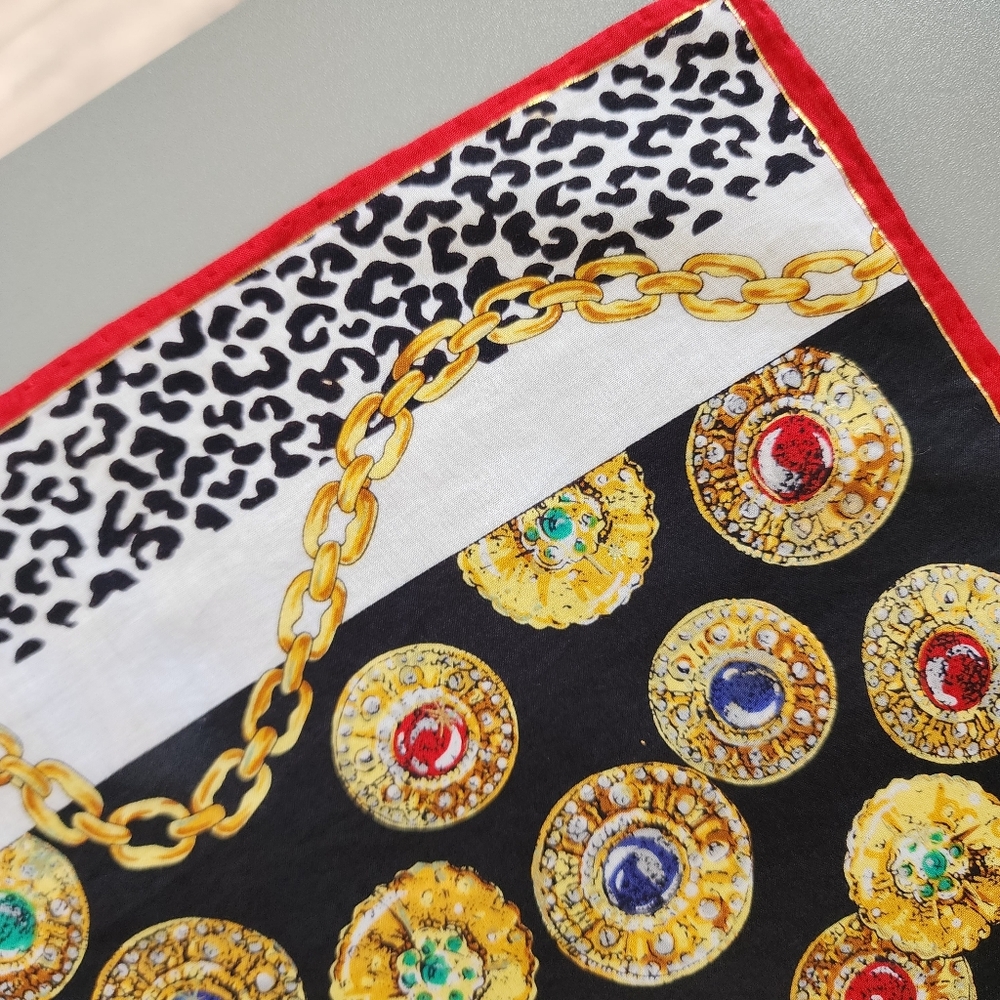 Celine Black & White Silk Bandanna with Gold, Red, Blue & Green Medallions EUC - Picture 9 of 15